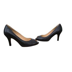 Cole Haan Black Leather Peep Toe Platform Pumps Heels 8